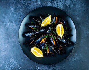 Steamed mussels with lemon on black plate
