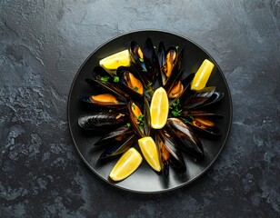 Steamed mussels with lemon on black plate
