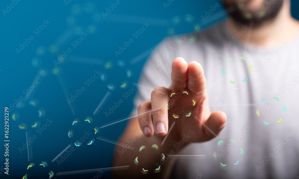 Poster close-up of a man's hand interacting with a digital network interface, showcasing connectivity and t