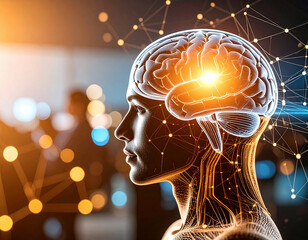 Creative glowing digital head background. glowing brain on technology background. 