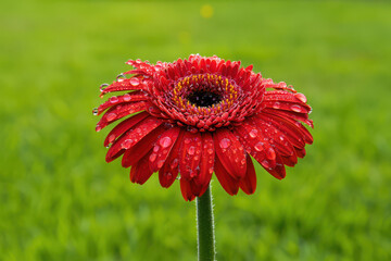 A vibrant red gerbera daisy with water droplets on its petals, set against a soft green blurred background, showcasing natural beauty