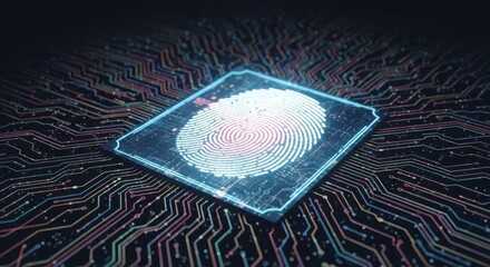 Digital fingerprint on a glowing circuit board technology