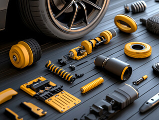 new car spare parts flat lay, pieces for automobile engine repair. 3D rendering. 