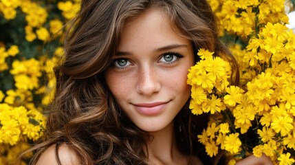 Naklejka premium Woman with blue eyes and wavy brown hair among bright yellow flowers