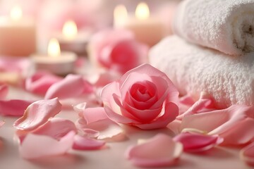 Romantic background with soft rose petals and glowing candles for spa, wellness, or Valentine’s Day theme. Spa background. Massage. Relax. Spa promotions. Romantic events. Self-care or luxury branding