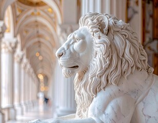 Close-Up of White Marble Lion Statue in Grand Hallway