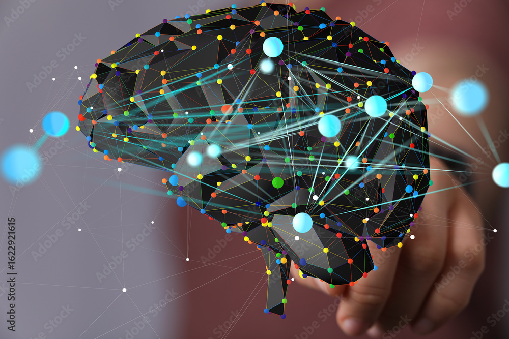 Poster abstract brain visualization. ai, neural networks, data connections, technology concept.