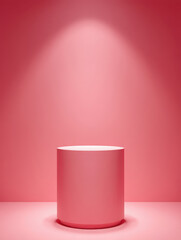 Minimalist pink cylinder pedestal under a spotlight on a soft pink background, empty stage for product display
