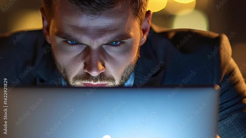Aufkleber focused man working late on laptop with intense expression in dim light, night business technology c