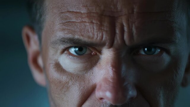Closeup of a middle age man staring intensely, his gaze conveying seriousness and determination