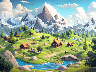 Colorful Fantasy World with 3D Mountains and Valleys with clouds in the sky. 