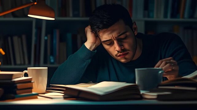 Young man study book coffee lamp night focused thoughtful expression late night warm desk lamp light surrounded by books coffee cup dimly lit room