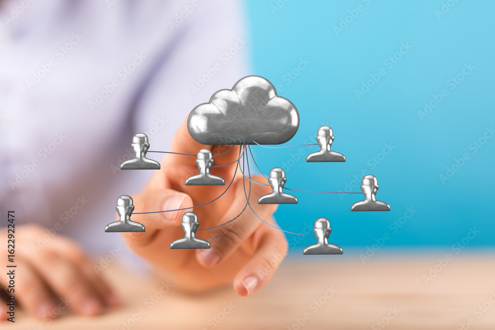 Poster image depicts a hand interacting with a cloud network, symbolizing secure data sharing and collabora