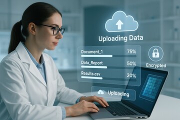 Scientist uploading encrypted medical files to cloud with secure data transfer and progress tracker interface
