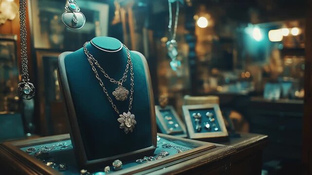 Necklaces and pendants displayed on a mannequin bust in a vintage jewelry store