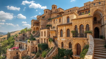 Fototapeta premium Ancient Greek-style village on a hillside with blue skies and greenery