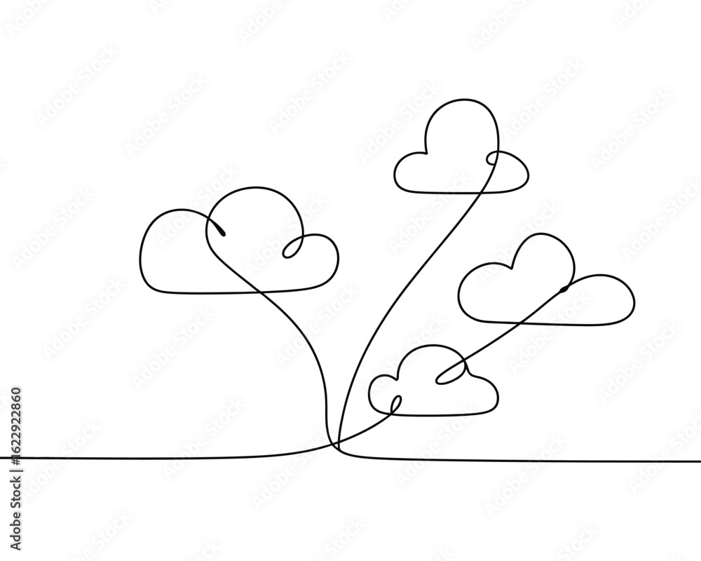 Poster continuous line drawing of fluffy clouds in the sky