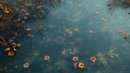 Autumnal Pond Scene with Floating Flowers