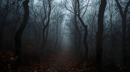Tree-lined foggy forest