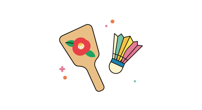 Traditional japanese hanetsuki paddle with colorful feathered shuttlecock illustration