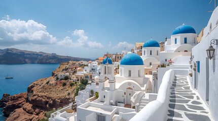 Greek island town with white buildings and blue domes
