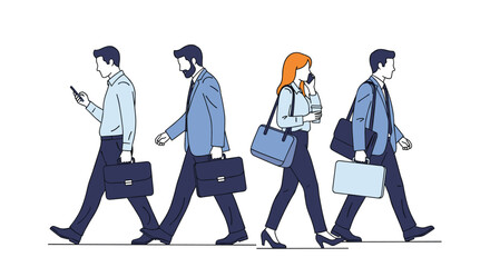 Diverse professionals commuting together daily to workplaces with briefcases and smartphones