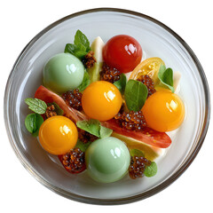 Colorful Translucent Spheres with Olive Oil and Balsamic Caviar Nestled Among Tomato Slices and Basil Foam