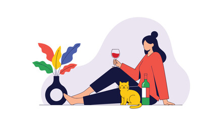 Obraz premium A woman enjoys a glass of wine with her cat nearby a colorful vase
