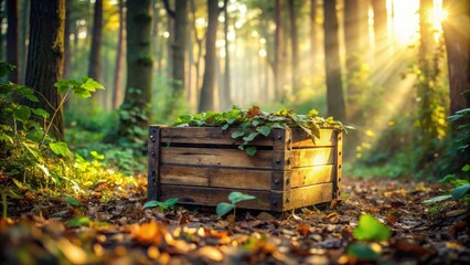 Wooden crate nestled amidst autumnal foliage, bathed in the golden light of a sunlit forest path