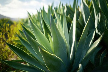 Obraz premium Lush spiky agave leaves glowing under bright sunlight, perfect for vibrant desert landscapes and botanical themes
