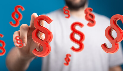 Abstract image of a man interacting with floating paragraph symbols, ideal for legal, law, and...