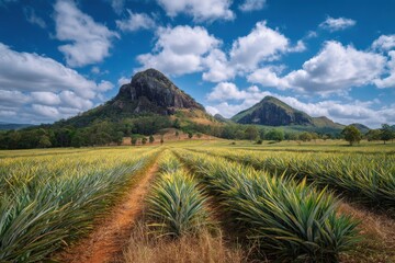 Pineapple plantation views with glasshouse mountains backdrop for tropical lifestyle lovers and nature photography aficionados in queensland's sunshine coast