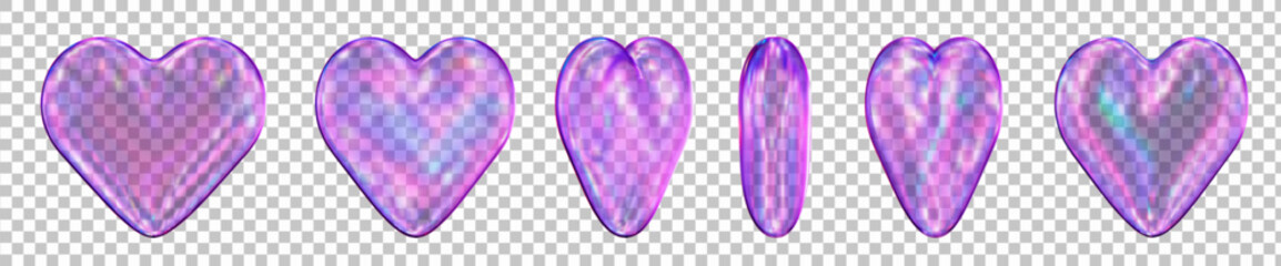 3d set glass transparent heart with different angles. Romantic emoji, neon love symbol or icon, Valentines day, animation sprite sheet. Stock vector illustration on isolated background.