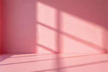 Pink room interior with geometric window light and shadow patterns on the wall and floor, minimalist design