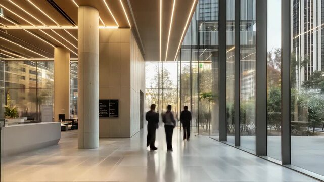 High-speed timelapse of a bright modern office corridor with blurred motion of business people walking through the glass-walled space.