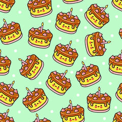 Cute cartoon birthday cakes create a charming and festive pattern on a soft green backdrop.
