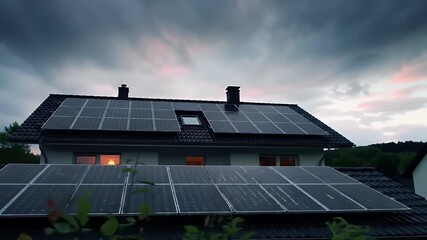 Modern House Roof Solar Panel System at Dusk for Energy Production