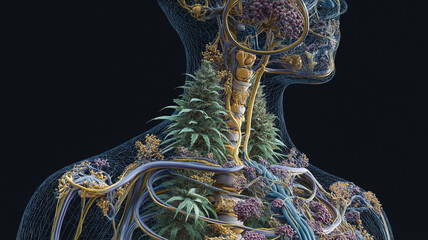 Detailed anatomical illustration of human body creatively integrates botanical elements, showcasing fusion of human anatomy and plant life. artwork highlights intricate network of nerves and veins