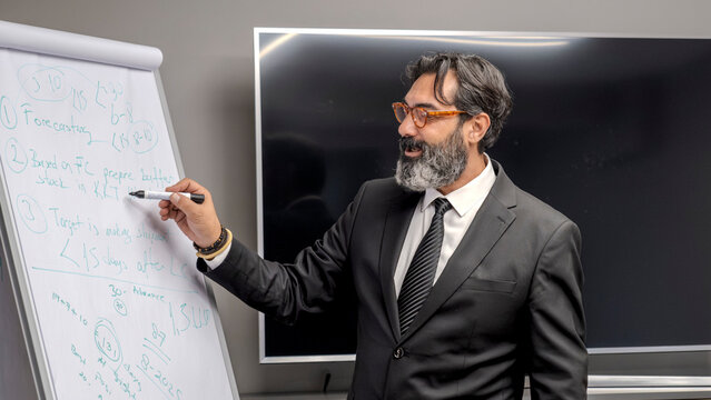 A middle-aged, dark-haired businessman is in a conference room, standing in front of a whiteboard and explaining something