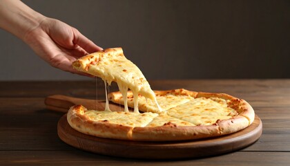 Hand Lifting Cheesy Pizza Slice from Wooden Board on Dark Background