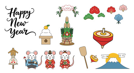 Traditional japanese new year decorations and symbols celebrating the year of the rat