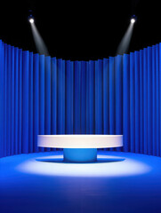 A minimalist stage with blue curtains and spotlights illuminating a round display platform