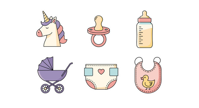 Adorable baby essentials collection featuring unicorn stroller pacifier bottle diaper bib and duckling