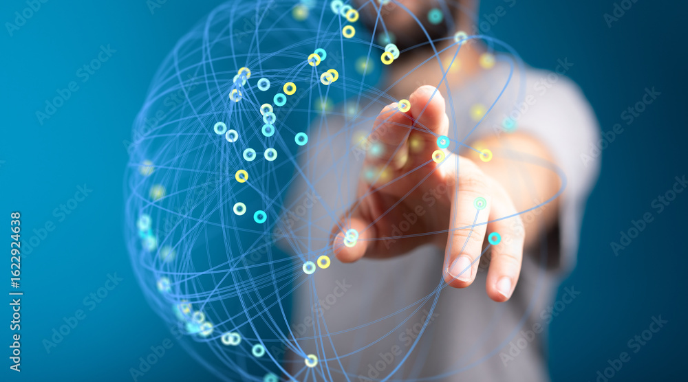 Poster hand interacting with a digital network, representing global connectivity and technology.