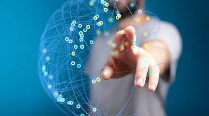 Hand interacting with a digital network, representing global connectivity and technology.