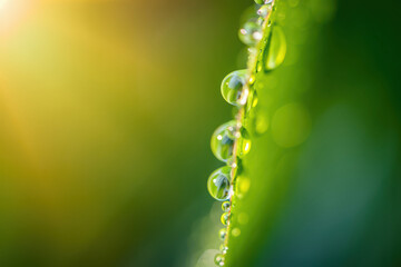 Closeup macro shot of dew drops on a green leaf with sunlight shining through