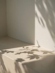 Soft natural light casting leaf shadows on a clean beige surface, creating a minimalist aesthetic