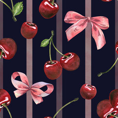 Dark background seamless pattern with hand-painted watercolor illustration of red cherries and pink bows, elegant and bold design for textile and stationery.