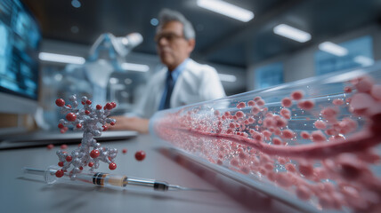 Scientist in laboratory focuses on molecular research, with syringe and molecular model on table, symbolizing advanced scientific exploration