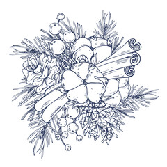 A hand drawn holiday line art composition featuring berries, pine, pine cones, cinnamon sticks and cotton, perfect for warm holiday scenes and rustic winter arrangements.